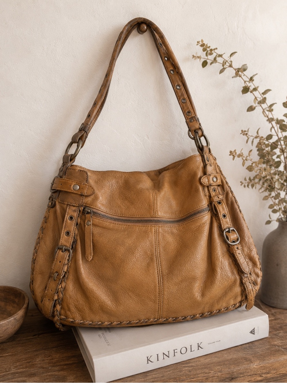 Furla Italian Leather Slouchy Hobo Shoulder Bag Whipstitch Tote